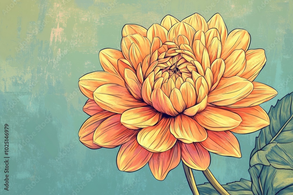 Poster a bright yellow flower with green leaves against a calm blue background, perfect for adding some col