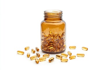 A transparent glass jar filled with fish oil