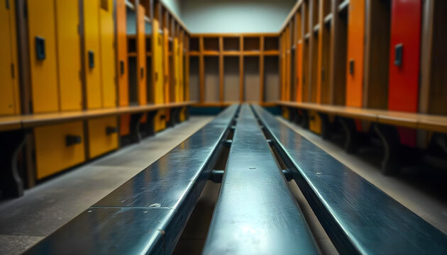 Defocused locker room background with steel table in focused, Backdrop for display sports products