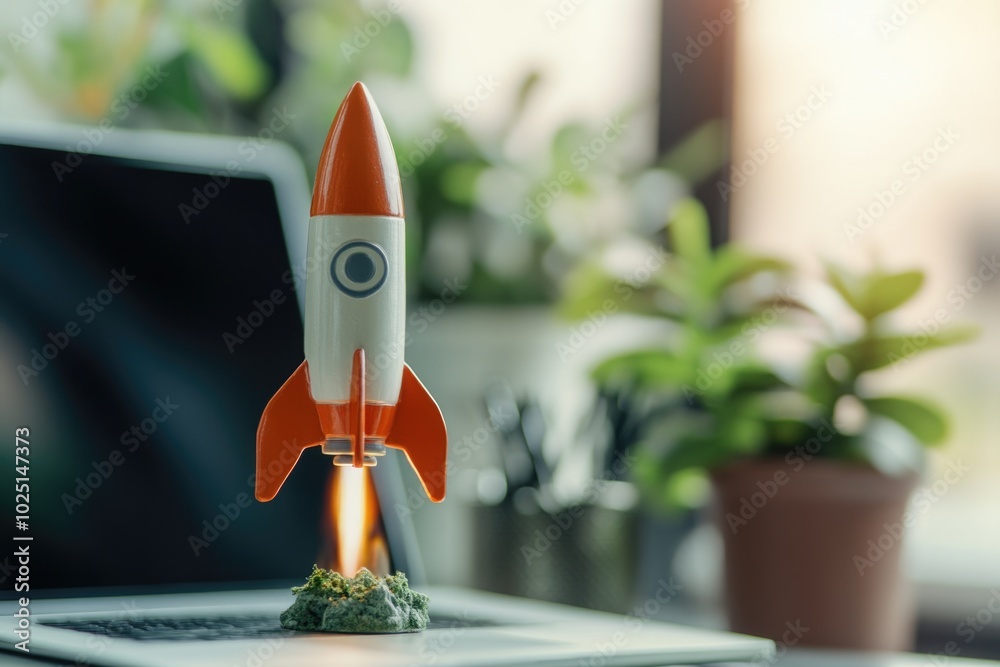 Poster a small toy rocket sits on top of a laptop, great for use in tech-related illustrations or designs