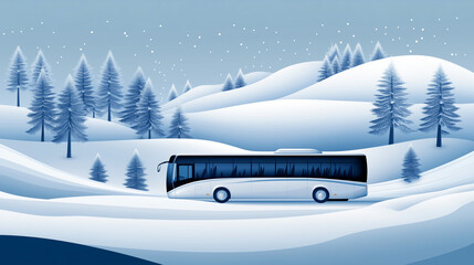 Bus traveling through snowy hills in winter landscape.