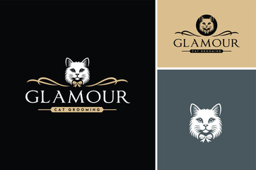 White Turkish Angora Cat wears Ribbon bow tie for Feline Pets Grooming Salon and Fashion Beauty vintage classic logo design