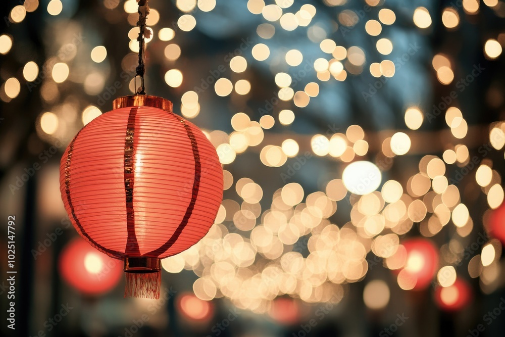 Poster A single red paper lantern hanging from a string against a dark background