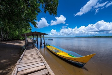 Obraz premium Fisheries in rural coastal areas, where boats, nets, and fish farms utilize the land and water for sustainable fish farming