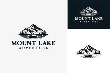 A Mountain scene with Pine Trees Forest and Lake with a boat. Rough Rustic Vintage Drawing for Adventure Outdoor logo design