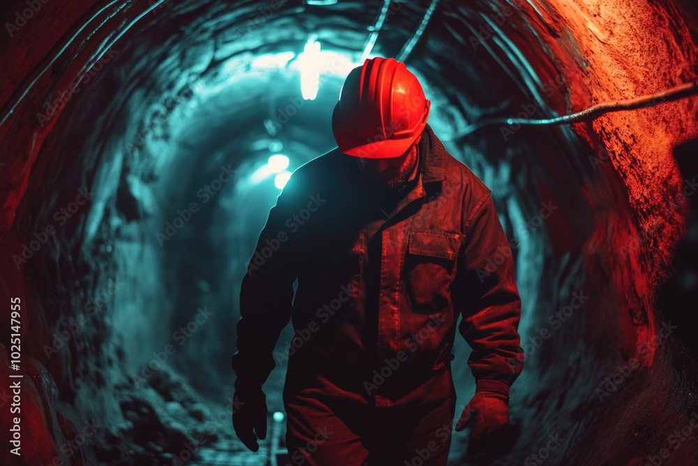 Poster a person walks through a dark tunnel wearing a bright red hat, good for use in illustrations or back