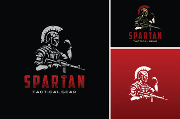 Greek Spartan Warrior wears Sparta War Helmet and Modern Soldier Suit with a riffle weapon gun and fist hand for Military Tactical Gear logo design
