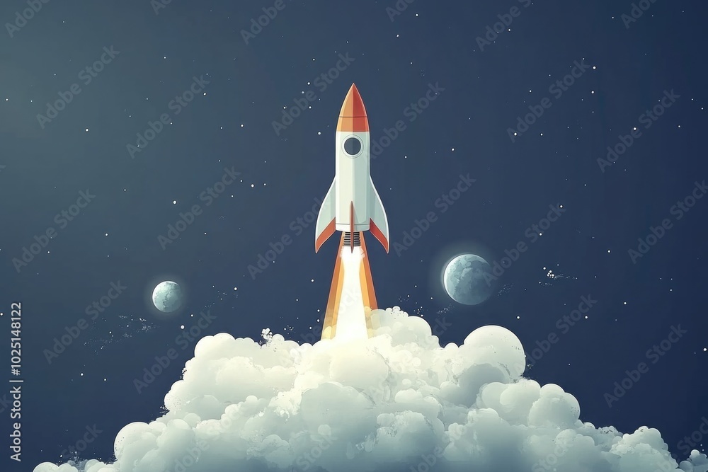 Poster a rocket soaring through the sky with planets visible in the background, ideal for space-themed proj