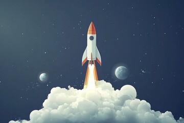 Fototapeta premium A rocket soaring through the sky with planets visible in the background, ideal for space-themed projects or astronomy-related illustrations