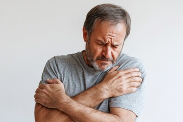 Obraz premium A person standing with arms crossed and hands resting on their chest, possibly indicating confidence or authority