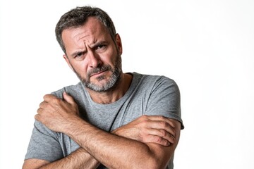 Naklejka premium A person posing for a photo in a gray shirt, suitable for portrait and lifestyle use