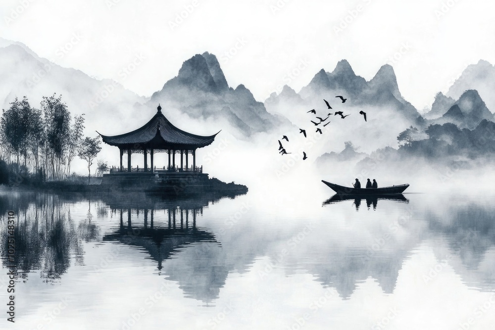 Poster a calm scene with a boat floating on a lake surrounded by majestic mountains