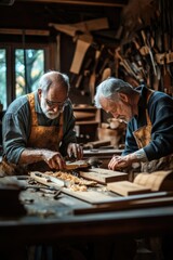 Two elderly gentlemen crafting a wooden item together