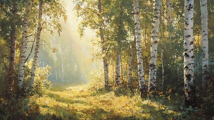 Fototapeta premium A vibrant sunlit forest painting captures the essence of nature with a clear pathway leading into the heart of the lush greenery, while golden rays filter through the leaves in
