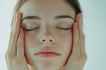 Naklejka premium A woman sits with her eyes closed and holds her hands to her face, conveying a sense of emotional distress