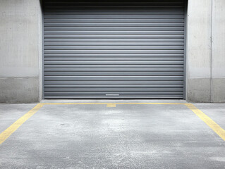 Closed industrial garage door with parking lines