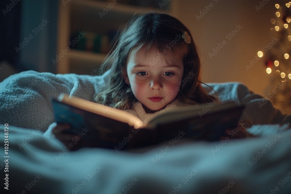 Canvas Prints A little girl reading a book on her bed, often used for illustrations of childhood and education