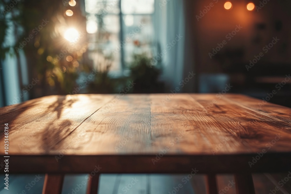 Poster A wooden table with soft lights shining from behind, great for use as a decorative piece or in a photo studio setup