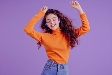 A woman in an orange turtle neck sweater and jeans dancing, perfect for music or dance related uses