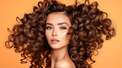 Fototapeta premium Portrait of beautiful model with gorgeous curly hair on yellow background
