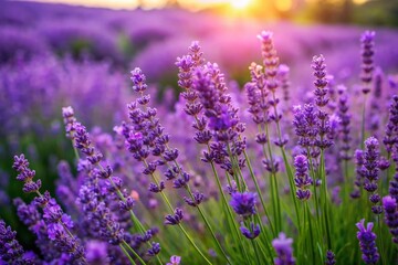 Fototapeta premium Elegant Lavender Fields with Green Leaves - Calming Nature Background for Serenity and Peaceful Moments