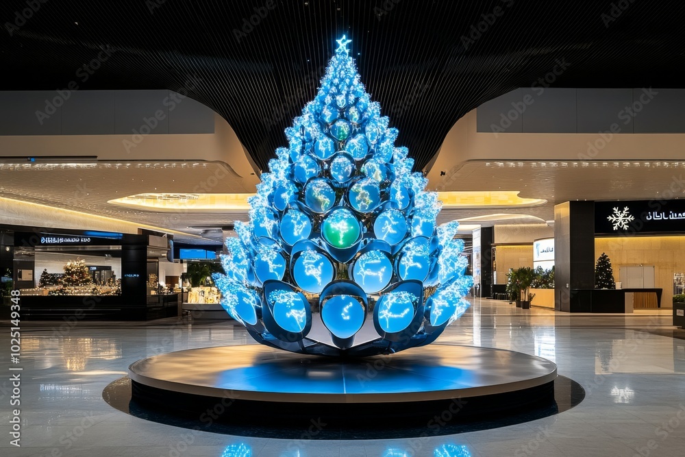 Poster Floating digital Christmas tree made of light particles, with each ornament representing a family memberâ€™s location in real-time, connecting loved ones across the globe