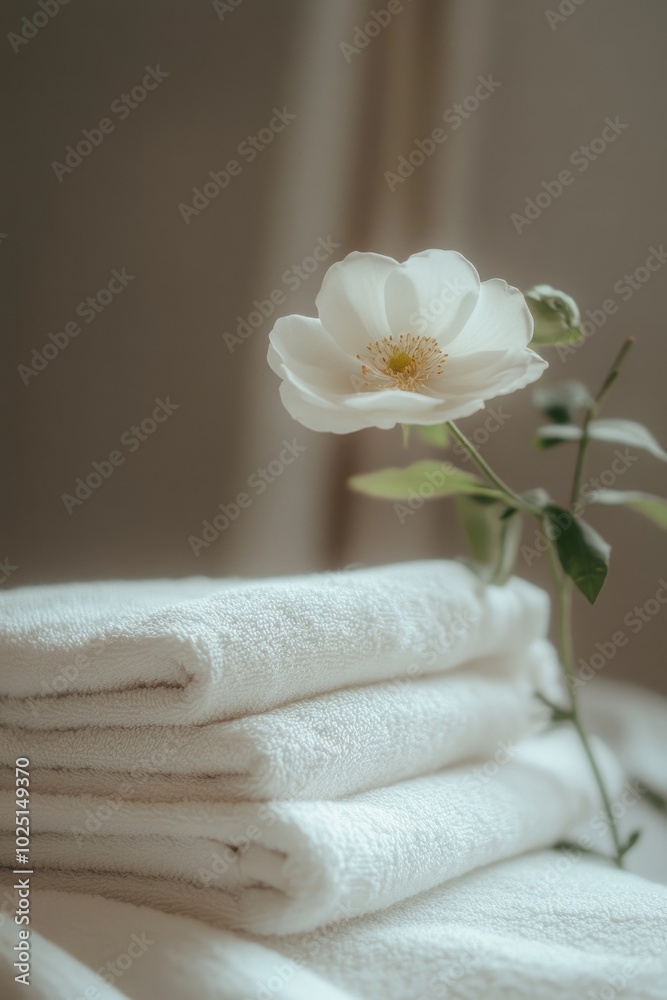 Poster a stack of white towels with a single flower on top