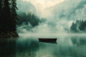 A small boat floats calmly on the surface of a peaceful lake, surrounded by lush greenery and clear blue water