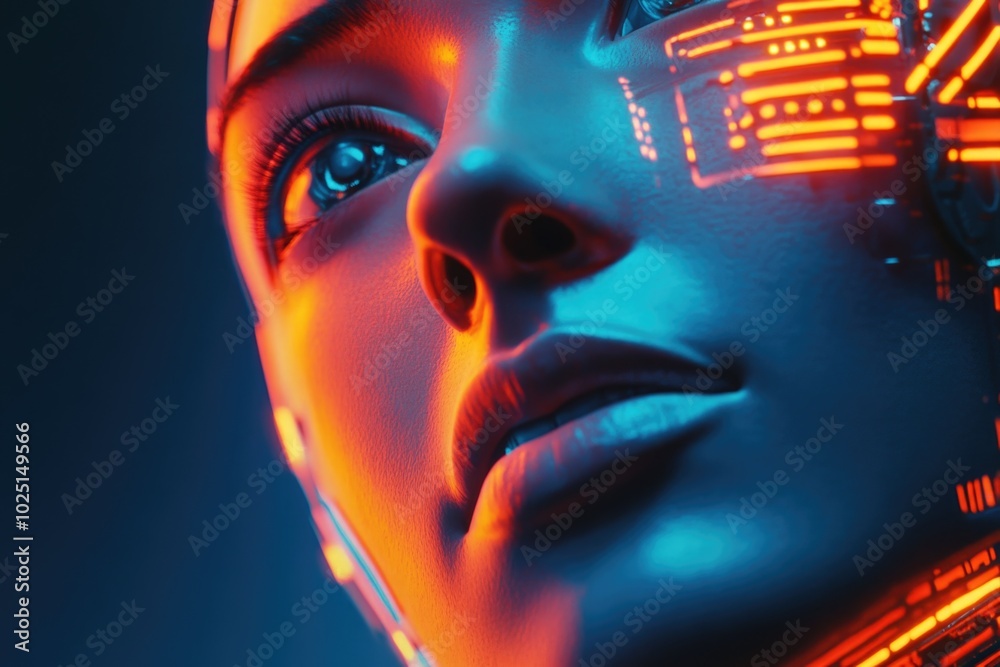 Poster a close-up of a woman's face with a robot's head, suitable for futuristic or sci-fi themed projects