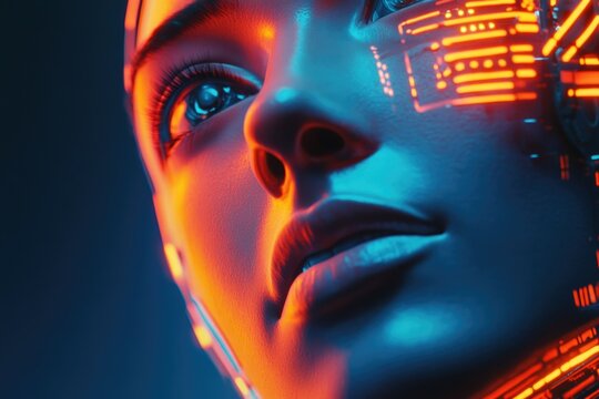 A close-up of a woman's face with a robot's head, suitable for futuristic or sci-fi themed projects