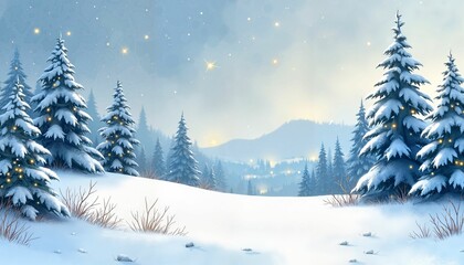 Naklejka premium Serene Winter Landscape with Snow-Covered Trees and Twinkling Stars