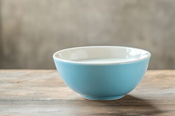 A blue bowl sits on top of a wooden table