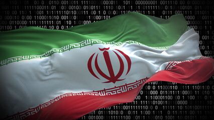 Binary code on flag of Iran. Program source code or Hacker concept on Iranian flag. Iran digital...