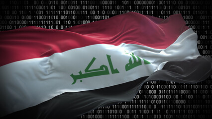 Binary code on flag of Iraq. Program source code or Hacker concept on Iraqi flag. Iraq digital technology security, hacking or programming