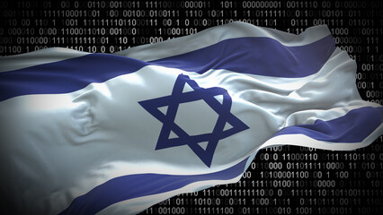 Binary code on flag of Israel. Program source code or Hacker concept on Israeli flag. Israel...
