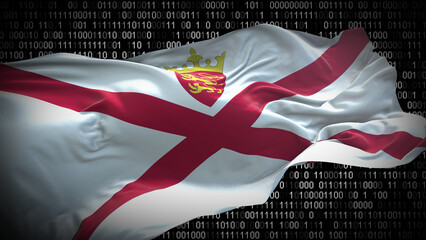 Binary code on flag of Jersey. Program source code or Hacker concept on Jersey flag. Jersey digital...