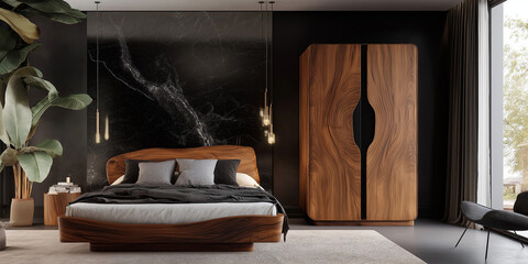 Luxurious Scandinavian-Inspired Bedroom with Wooden Wardrobe and Black Marble Features