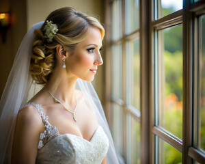 Naklejka premium A beautiful bride in a white wedding dress looks out the window, her hair elegantly styled with flowers, as soft light highlights her serene expression.
