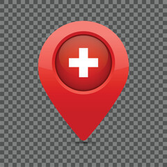 Swiss flag marker for the maps.. Switzerland location pinned on the world map. Vector illustration.