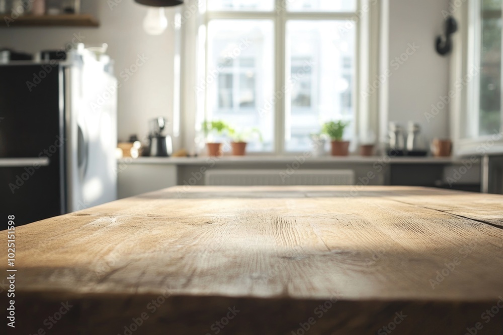 Sticker A wooden table in a kitchen with a window, suitable for morning coffee or family meals