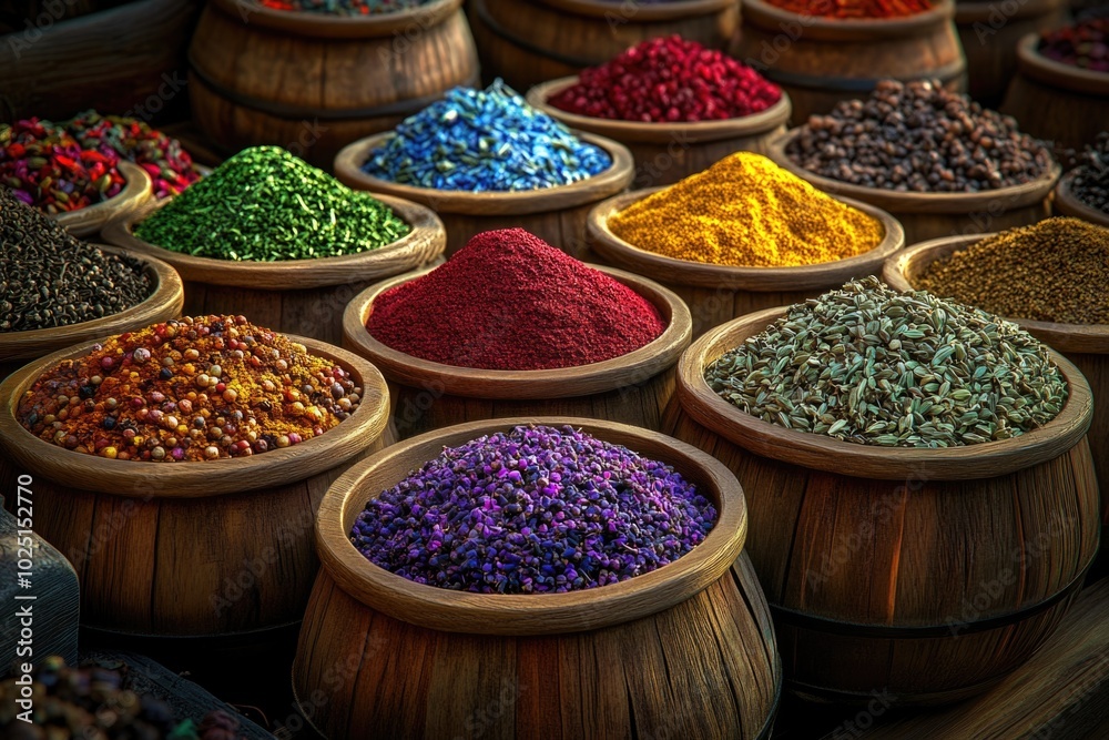 Poster a selection of colorful spices in various bowls