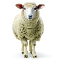 Fototapeta premium A fluffy, white sheep stands isolated on a white background, showcasing its woolly texture, perfect for farm or livestock concepts