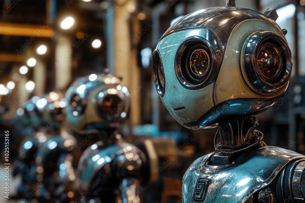 Poster group of robots standing together in a room