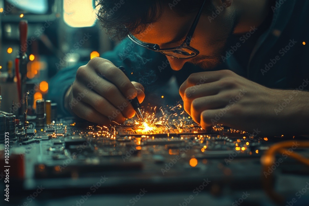 Poster A person assembling electronic components on a printed circuit board