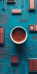 electronic circuit board with cup of espresso coffee from above