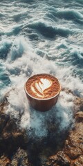 latte in the ocean from above with crashing waves on beach