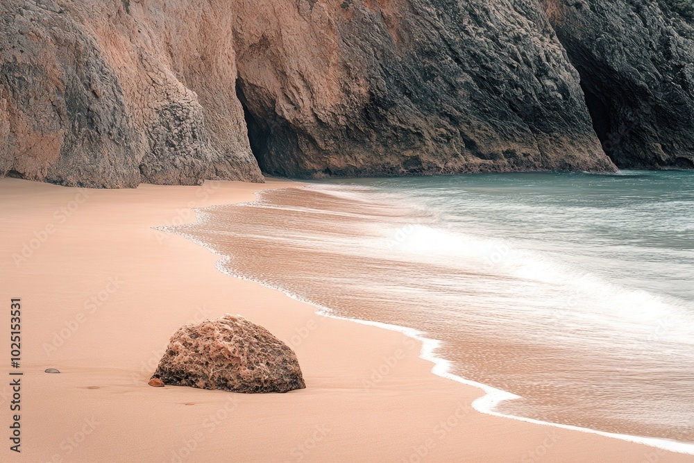 Poster a large rock on a sandy beach with the ocean in the background