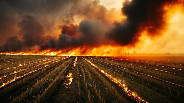 A field of crops is burning in a controlled fire, creating a dramatic display of flames and smoke