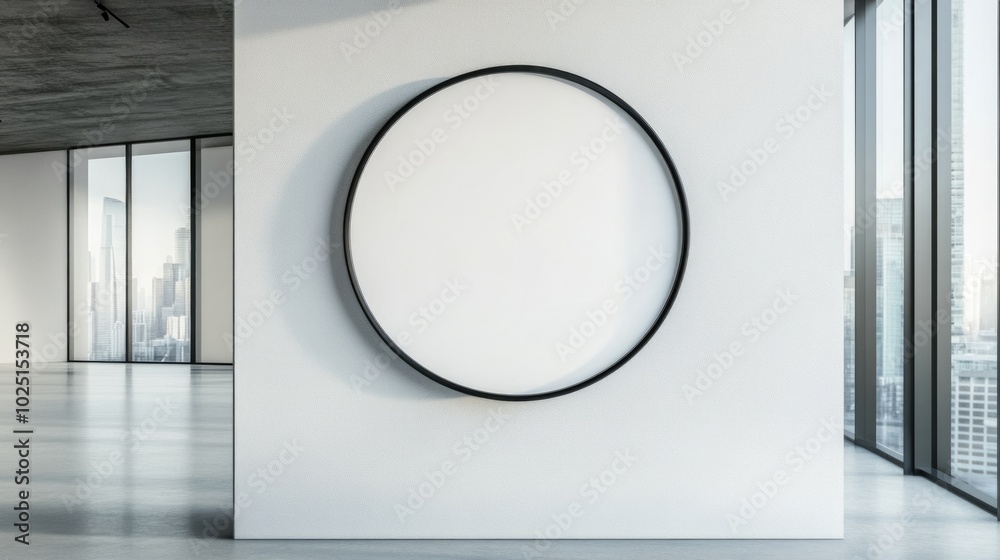 Poster a simple empty room with a round mirror on the wall, perfect for minimalist decor or creative projec