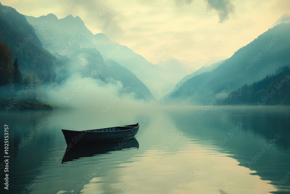 Aufkleber a small boat floating on the surface of a peaceful lake